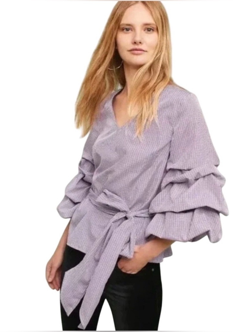 ANTHROPOLOGIE 🔥 Sunday Brooklyn M Boho Romantic Balloon Sleeve Sash Tie Blouse - Picture 1 of 14